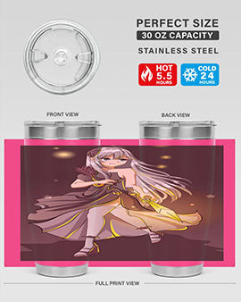 Beautiful girl in a black dress holding a sword, featured on a stylish stainless steel tumbler.