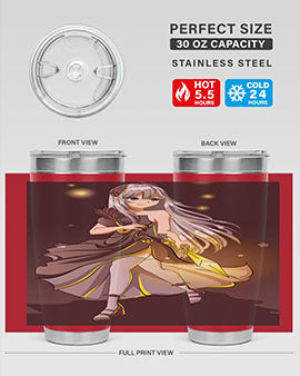 Beautiful girl in a black dress holding a sword, featured on a stylish stainless steel tumbler.