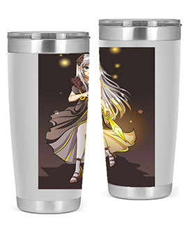Beautiful girl in a black dress holding a sword, featured on a stylish stainless steel tumbler.