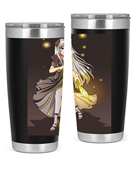 Beautiful girl in a black dress holding a sword, featured on a stylish stainless steel tumbler.