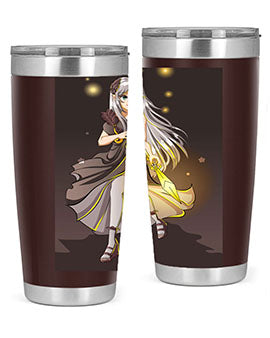 Beautiful girl in a black dress holding a sword, featured on a stylish stainless steel tumbler.