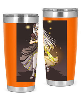 Beautiful girl in a black dress holding a sword, featured on a stylish stainless steel tumbler.