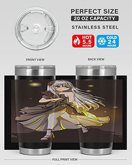 Beautiful girl in a black dress holding a sword, featured on a stylish stainless steel tumbler.