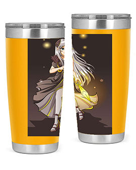 Beautiful girl in a black dress holding a sword, featured on a stylish stainless steel tumbler.