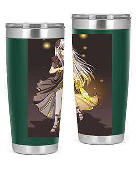 Beautiful girl in a black dress holding a sword, featured on a stylish stainless steel tumbler.