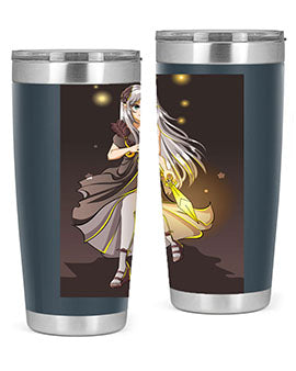 Beautiful girl in a black dress holding a sword, featured on a stylish stainless steel tumbler.