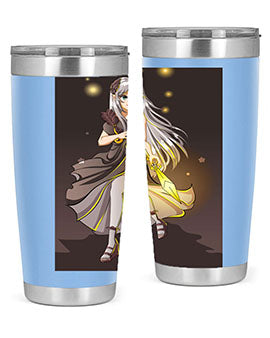 Beautiful girl in a black dress holding a sword, featured on a stylish stainless steel tumbler.