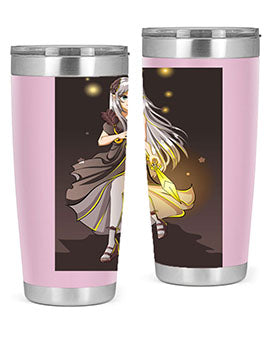 Beautiful girl in a black dress holding a sword, featured on a stylish stainless steel tumbler.