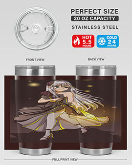 Beautiful girl in a black dress holding a sword, featured on a stylish stainless steel tumbler.