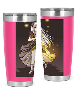 Beautiful girl in a black dress holding a sword, featured on a stylish stainless steel tumbler.