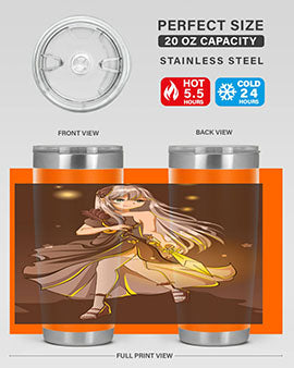 Beautiful girl in a black dress holding a sword, featured on a stylish stainless steel tumbler.