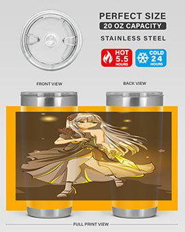 Beautiful girl in a black dress holding a sword, featured on a stylish stainless steel tumbler.