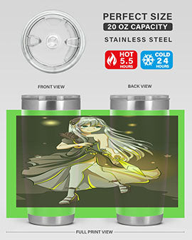 Beautiful girl in a black dress holding a sword, featured on a stylish stainless steel tumbler.