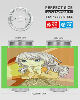 A stylish tumbler featuring a beautiful girl with long purple hair, made from stainless steel with a vibrant print.