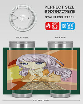 A stylish tumbler featuring a beautiful girl with long purple hair, made from stainless steel with a vibrant print.