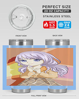 A stylish tumbler featuring a beautiful girl with long purple hair, made from stainless steel with a vibrant print.