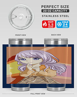 A stylish tumbler featuring a beautiful girl with long purple hair, made from stainless steel with a vibrant print.
