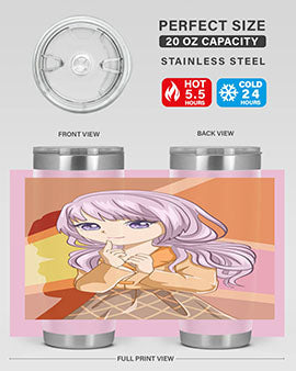 A stylish tumbler featuring a beautiful girl with long purple hair, made from stainless steel with a vibrant print.