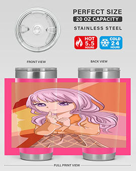 A stylish tumbler featuring a beautiful girl with long purple hair, made from stainless steel with a vibrant print.