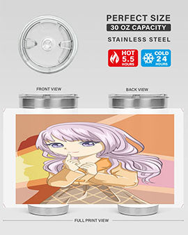 A stylish tumbler featuring a beautiful girl with long purple hair, made from stainless steel with a vibrant print.