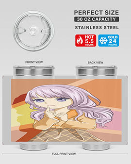 A stylish tumbler featuring a beautiful girl with long purple hair, made from stainless steel with a vibrant print.
