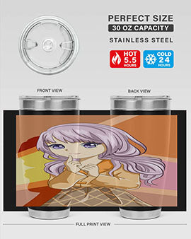 A stylish tumbler featuring a beautiful girl with long purple hair, made from stainless steel with a vibrant print.