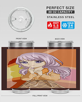 A stylish tumbler featuring a beautiful girl with long purple hair, made from stainless steel with a vibrant print.