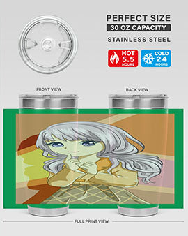 A stylish tumbler featuring a beautiful girl with long purple hair, made from stainless steel with a vibrant print.