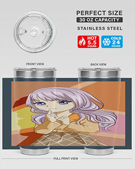 A stylish tumbler featuring a beautiful girl with long purple hair, made from stainless steel with a vibrant print.