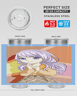 A stylish tumbler featuring a beautiful girl with long purple hair, made from stainless steel with a vibrant print.