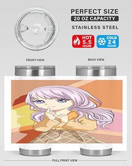 A stylish tumbler featuring a beautiful girl with long purple hair, made from stainless steel with a vibrant print.