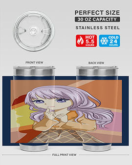 A stylish tumbler featuring a beautiful girl with long purple hair, made from stainless steel with a vibrant print.