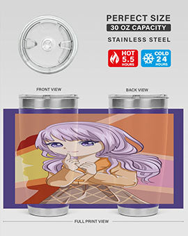 A stylish tumbler featuring a beautiful girl with long purple hair, made from stainless steel with a vibrant print.