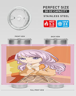 A stylish tumbler featuring a beautiful girl with long purple hair, made from stainless steel with a vibrant print.