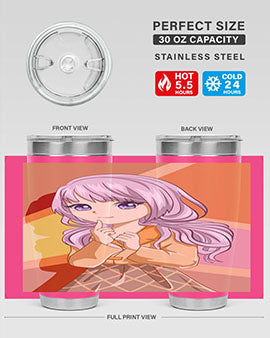 A stylish tumbler featuring a beautiful girl with long purple hair, made from stainless steel with a vibrant print.