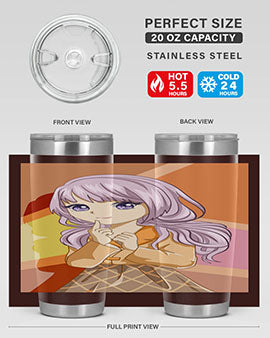 A stylish tumbler featuring a beautiful girl with long purple hair, made from stainless steel with a vibrant print.
