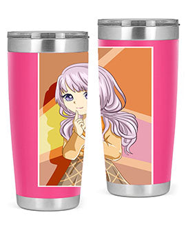 A stylish tumbler featuring a beautiful girl with long purple hair, made from stainless steel with a vibrant print.