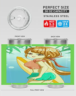 A vibrant tumbler featuring a beautiful girl with a surfing board, perfect for summer drinks.