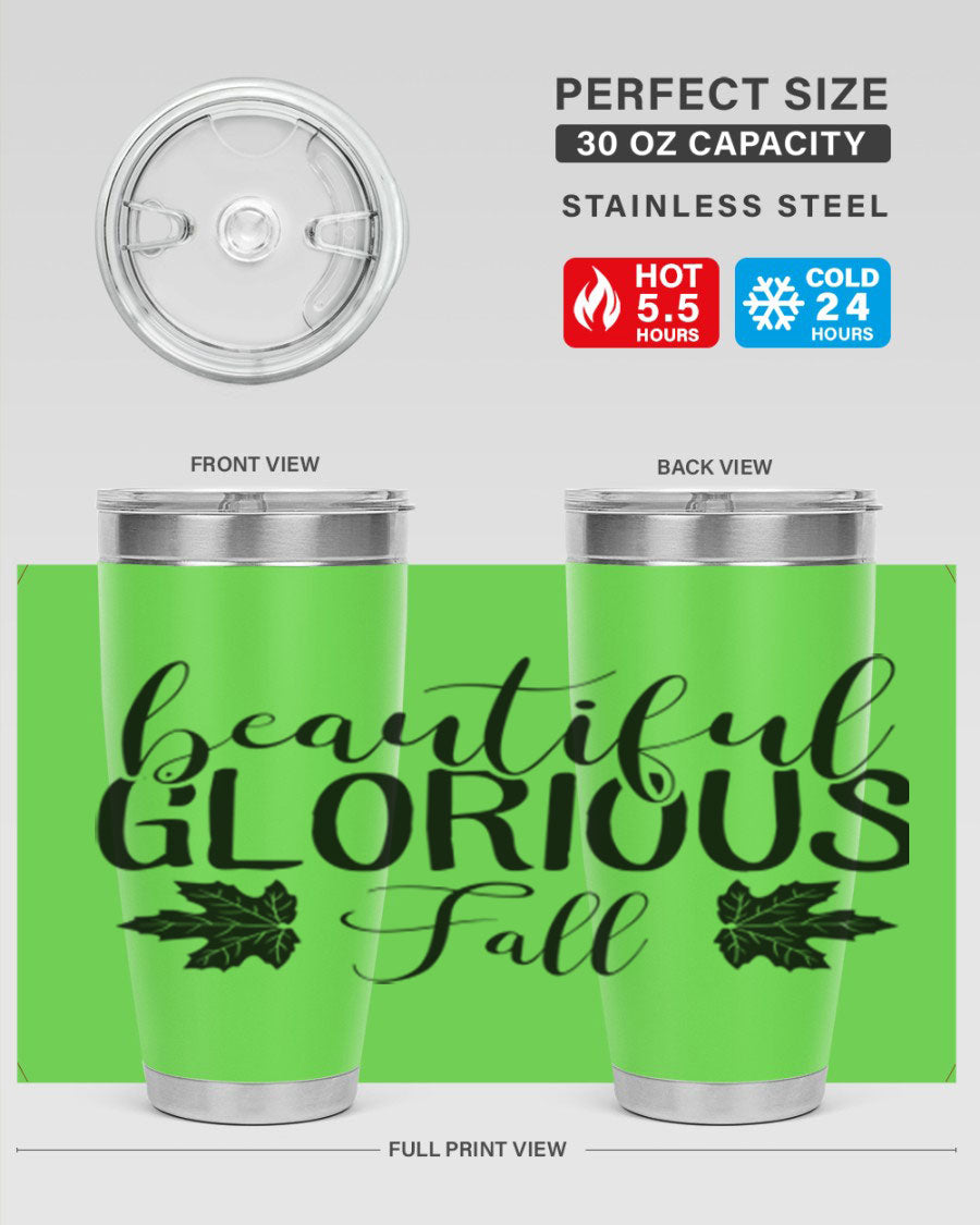Beautiful glorious fall 43# tumbler in stainless steel with a vibrant fall design, perfect for hot and cold beverages.