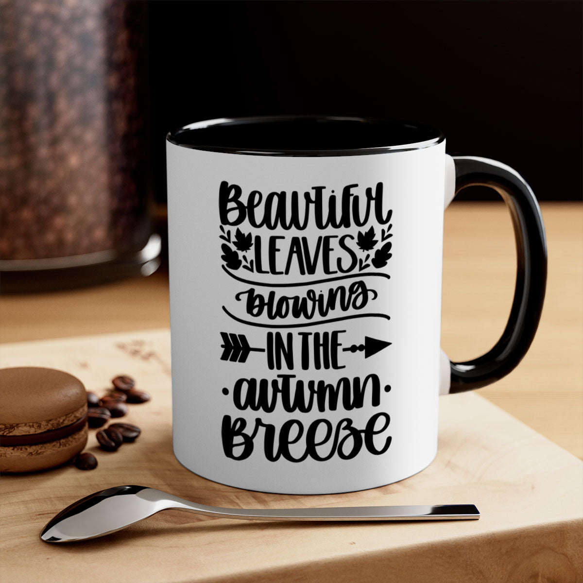 Beautiful Leaves Blowing In The Autumn Breeze Mug with a glossy finish, featuring a colorful handle and interior, perfect for fall beverages.