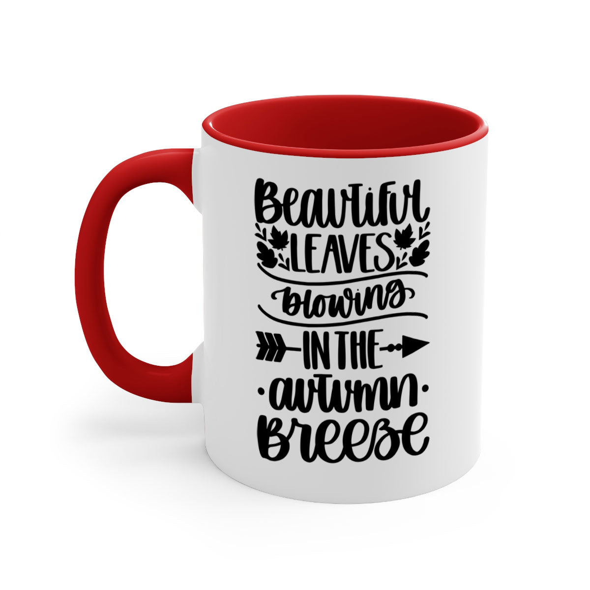 Beautiful Leaves Blowing In The Autumn Breeze Mug with a glossy finish, featuring a colorful handle and interior, perfect for fall beverages.