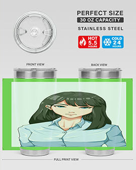 Beautiful office woman tumbler featuring long black hair design, made of stainless steel with double wall vacuum insulation.