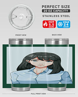 Beautiful office woman tumbler featuring long black hair design, made of stainless steel with double wall vacuum insulation.