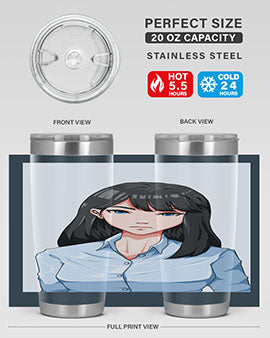 Beautiful office woman tumbler featuring long black hair design, made of stainless steel with double wall vacuum insulation.