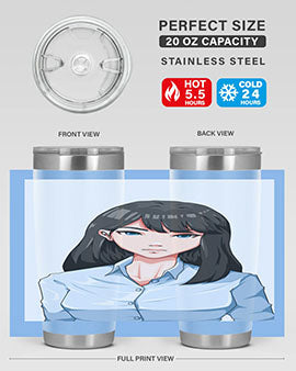 Beautiful office woman tumbler featuring long black hair design, made of stainless steel with double wall vacuum insulation.