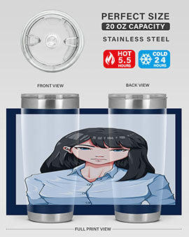 Beautiful office woman tumbler featuring long black hair design, made of stainless steel with double wall vacuum insulation.