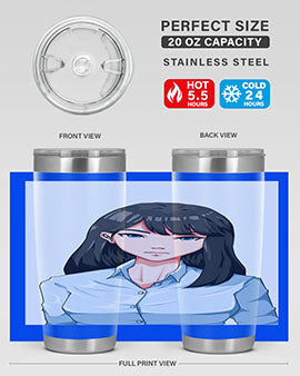 Beautiful office woman tumbler featuring long black hair design, made of stainless steel with double wall vacuum insulation.