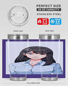 Beautiful office woman tumbler featuring long black hair design, made of stainless steel with double wall vacuum insulation.