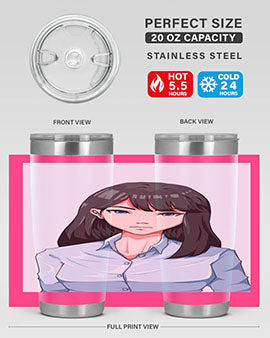 Beautiful office woman tumbler featuring long black hair design, made of stainless steel with double wall vacuum insulation.