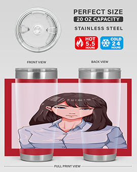 Beautiful office woman tumbler featuring long black hair design, made of stainless steel with double wall vacuum insulation.